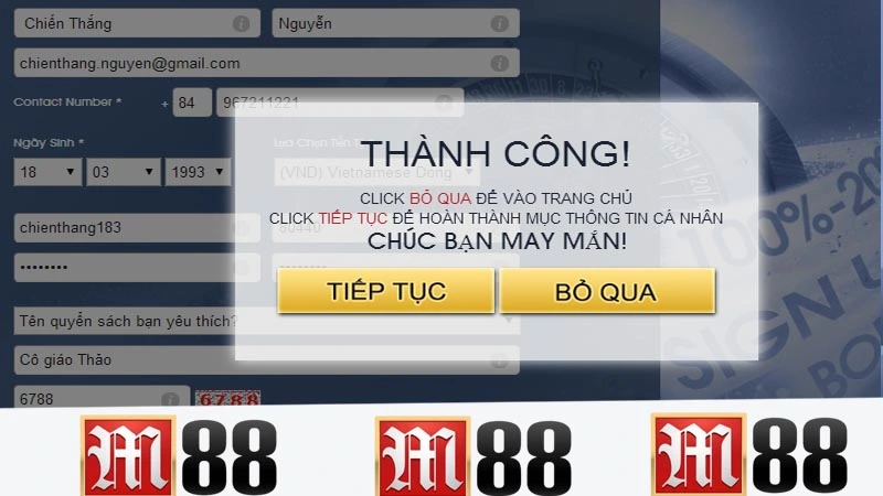 đăng ký M88 thành công, xác nhận tài khoản đăng ký M88 thành công, xác nhận tài khoản